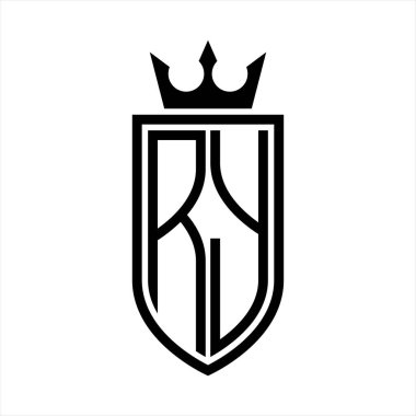 Taçlı ve minimalist, zarif, ince hatlı baş harfleri kalkan RY vektör logosu