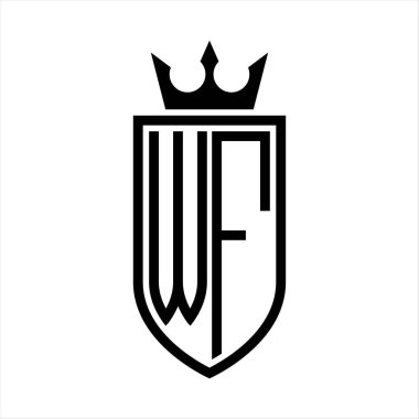 WF vektör logosu, taç ve minimalist, zarif, ince çizgili baş harflerin kalkanı.