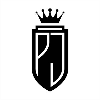 PJ Vektör logosu Kraliyet Taç Minimalist baş harfleri, zarif bir stil ve iç kalkan çizgisi.