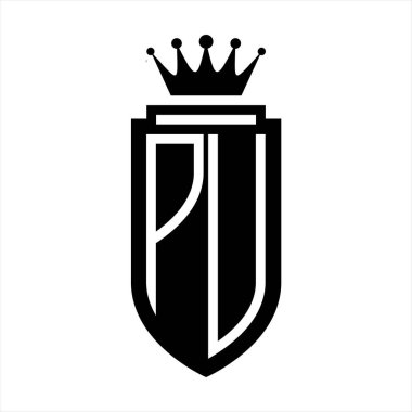 PU Vektör logosu Kraliyet Taç Minimalist baş harfleri, zarif bir stil ve iç kalkan çizgisi.