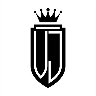 VJ Vektör logosu Kraliyet Taç Minimalist baş harfleri, zarif bir stil ve iç kalkan çizgisi.