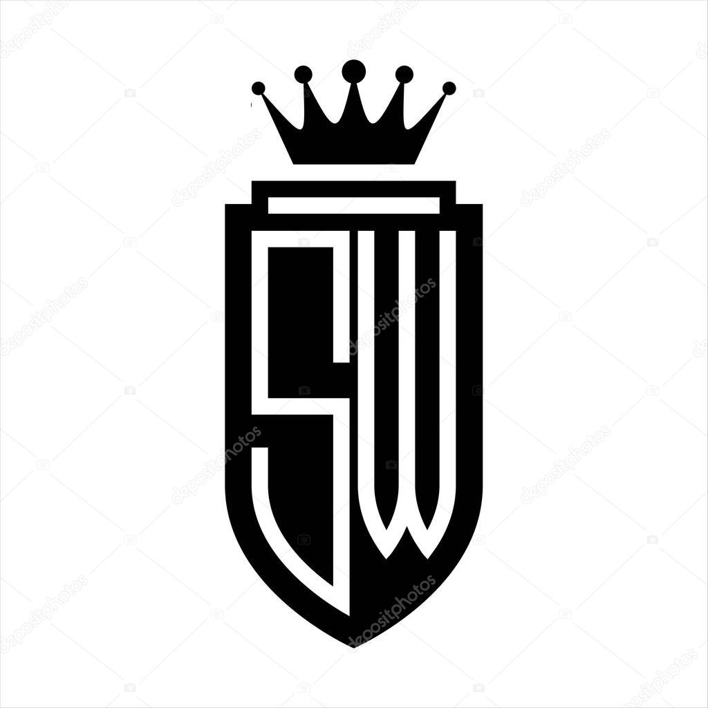 SW Vector logo initials shield with royal crown minimalist, elegant style with inside shield outline
