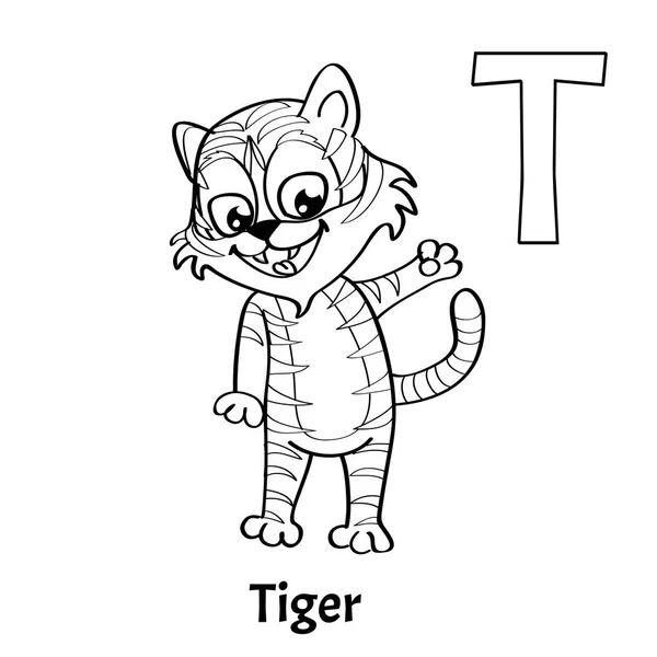 Letra T del alfabeto vectorial, página para colorear. Tigre. — Vector de stock