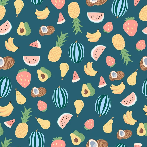 Vektörsüz, şirin yaz geçmişi. Ananas, karpuz, hindistan cevizi, avokado, armut ve muz..