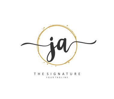 J A JA ilk harf el yazısı ve imza logosu. Şablon ögesine sahip bir konsept el yazısı logosu.