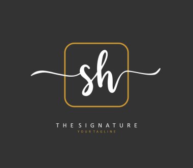 S H Sh İlk harf el yazısı ve imza logosu. Şablon ögesine sahip bir konsept el yazısı logosu.