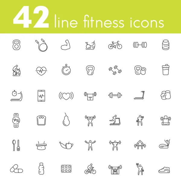 Fitness, entrenamiento, paquete de iconos de gimnasio, lineal — Vector de stock