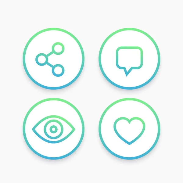 Afficher, partager, comme, icônes de ligne de commentaire dans les cercles — Image vectorielle