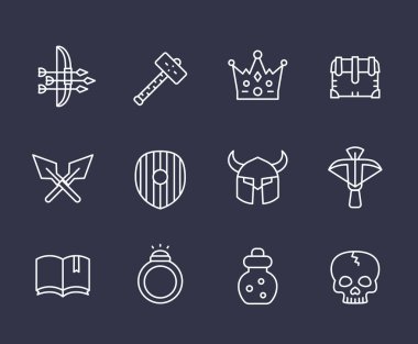 Game line icons set 2, armor, crossbow, arrows clipart