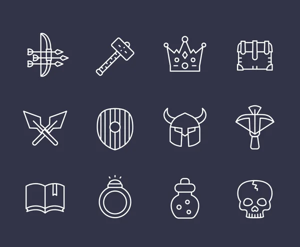 Spelet linje ikoner set 2, rustning, armborst och pilar — Stock vektor