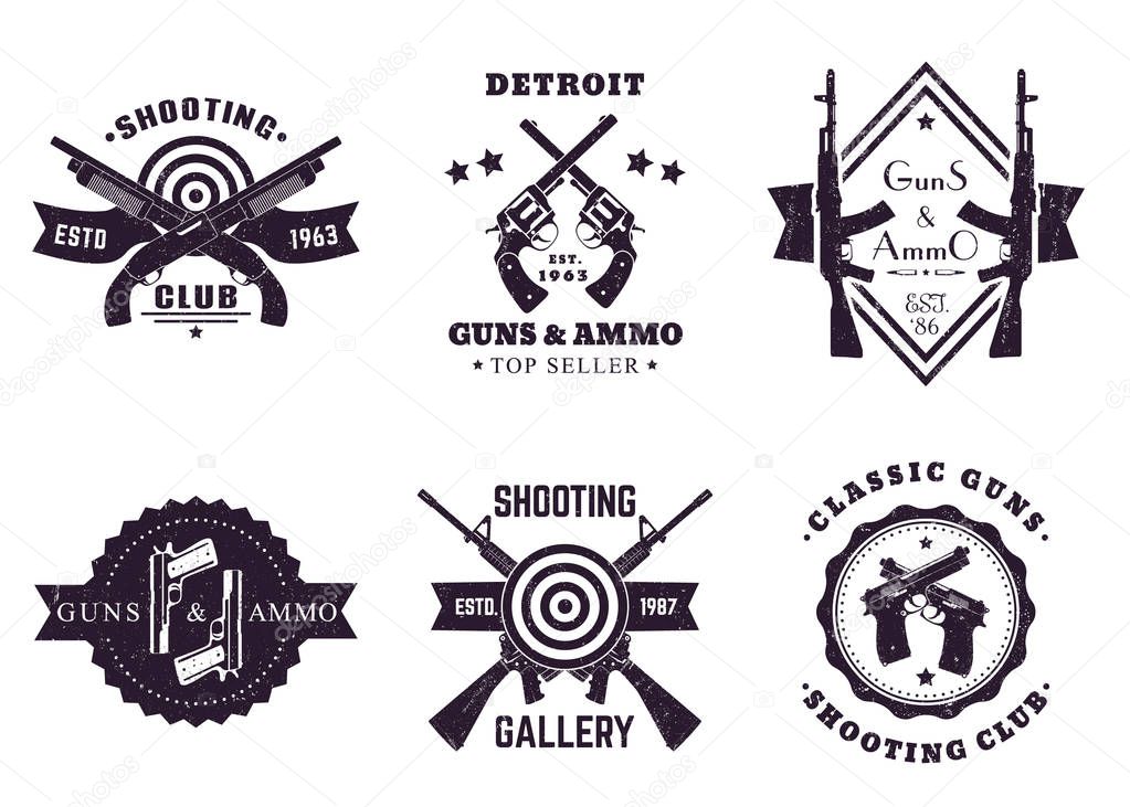 Guns and ammo, vintage logos, badges with automatic rifles, crossed revolvers, pistols, shooting gallery logo with assault rifles and shotguns on white