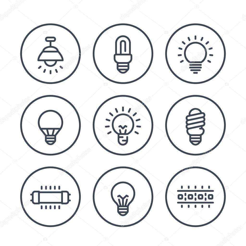 Lighting, light bulbs line icons on white, LED, CFL, fluorescent, halogen lamps and led strip