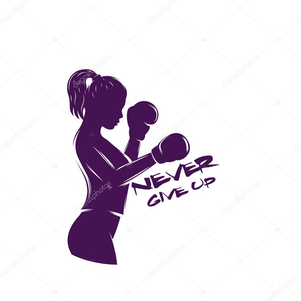 Boxing girl in fighting stance, t-shirt print with motivational quote, eps 10 file, easy to edit