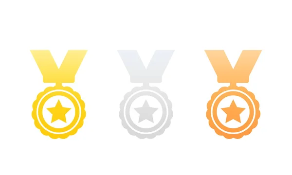 Medals, gold, silver and bronze, icons on white — Stock Vector