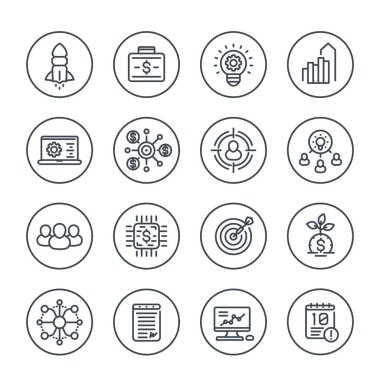 başlangıç satırı Icons set beyaz, ürün lansmanı, proje finansmanı, ilk sermaye, sözleşme, halka arz, hedef pazar, müşteriler üzerinde