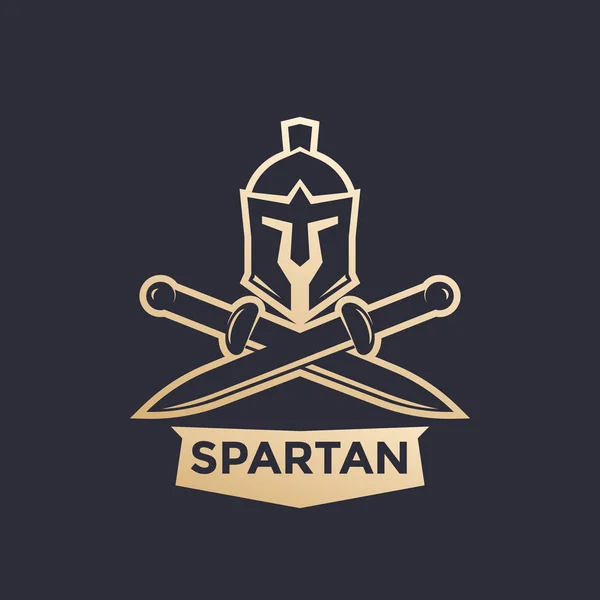 Logotipo de vector espartano con casco y espadas — Vector de stock