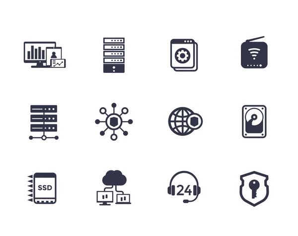 Barındırma, sunucular, ağ, veri depolama simgeler — Stok Vektör