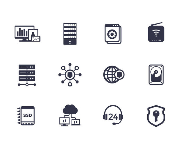 Hosting, servers, network, data storage icons