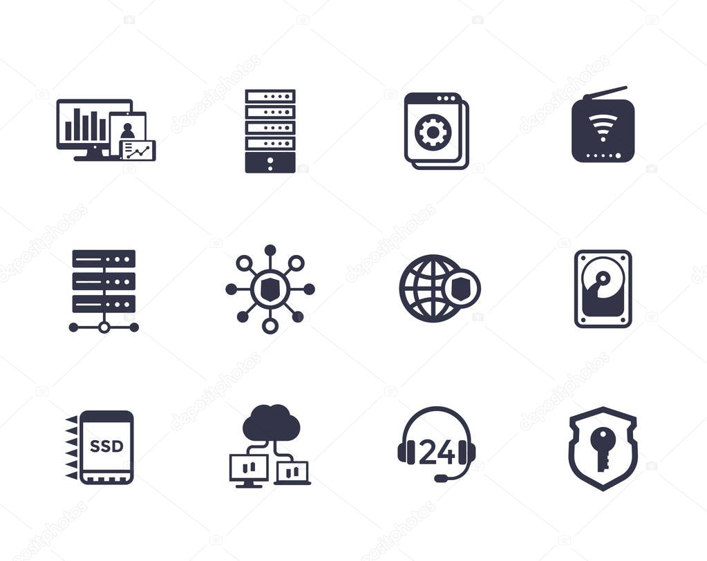 Hosting, servers, network, data storage icons