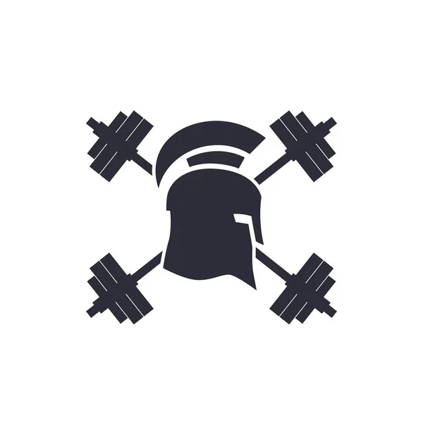 Gym logo, vector emblem, spartan helmet, barbells — Stock Vector