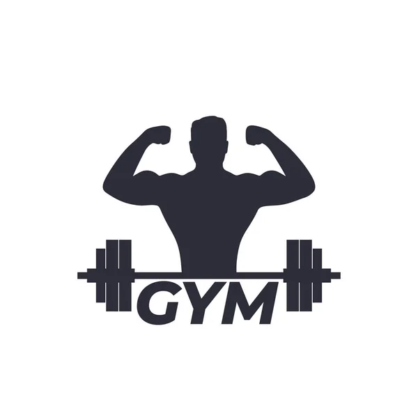 Fitness, logo de gimnasio con atleta fuerte y barra de pesas — Vector de stock