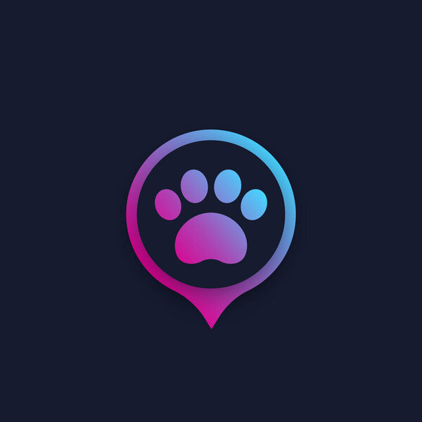paw and location mark, pet app vector logo