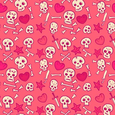 Kafatasları, kalpleri, kemikleri ve hançerleri olan desen.