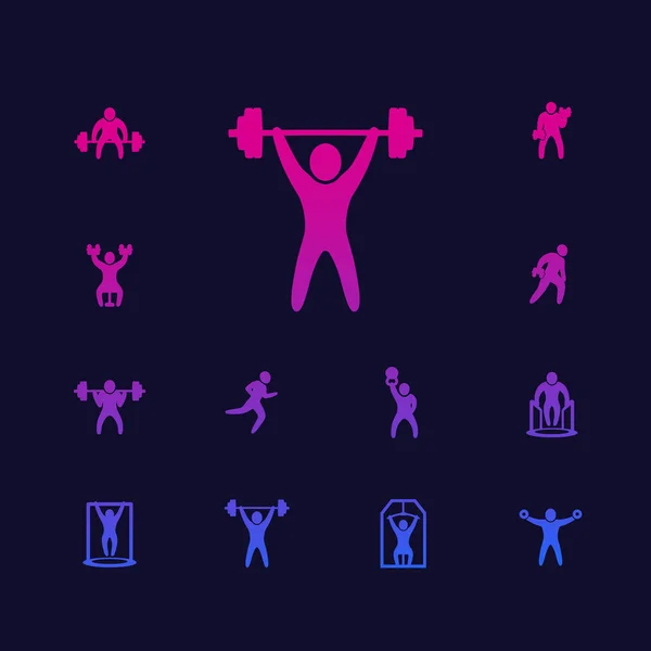 Gym, fitness exercises, workout and training icons — Stock Vector