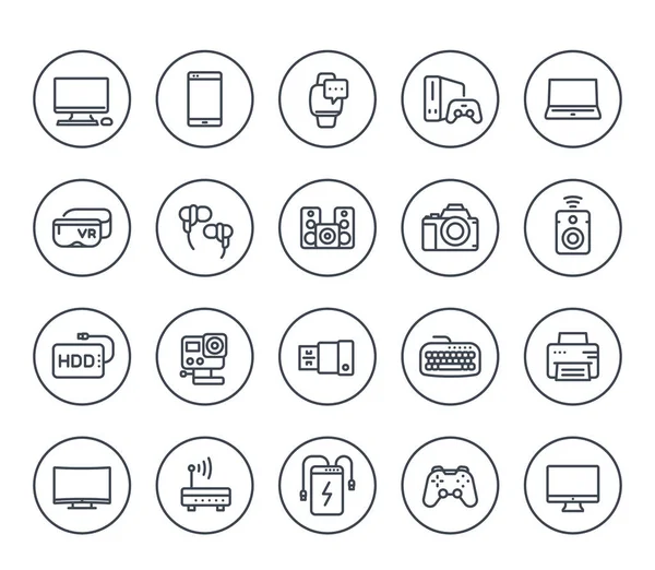Gadgets, iconos de línea de dispositivos modernos en blanco — Vector de stock