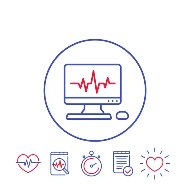 Procedimiento ecg, iconos de diagnóstico cardíaco — Vector de stock