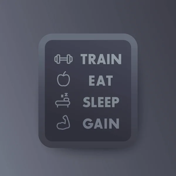 Comboio, comer, dormir, cartaz ginásio com ícones de fitness —  Vetores de Stock