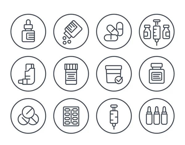 Medicamentos, medicamentos, línea de productos farmacéuticos iconos conjunto — Vector de stock