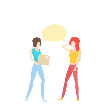 İki kız konuşuyor, biri kutu tutuyor.