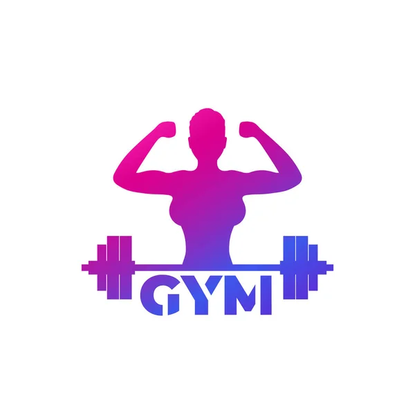 Logo de gymnase avec fille sportive forte et haltère — Image vectorielle