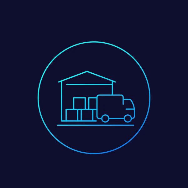 Almacén y furgoneta, icono de entrega, diseño de línea — Vector de stock