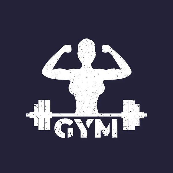 Logo del gimnasio con chica fuerte y barra de pesas — Vector de stock
