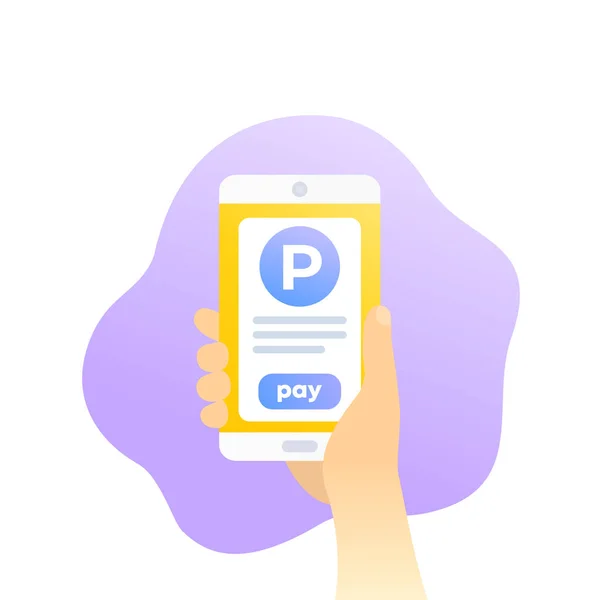 Estacionamento pagar com aplicativo móvel, ícone de telefone na mão — Vetor de Stock