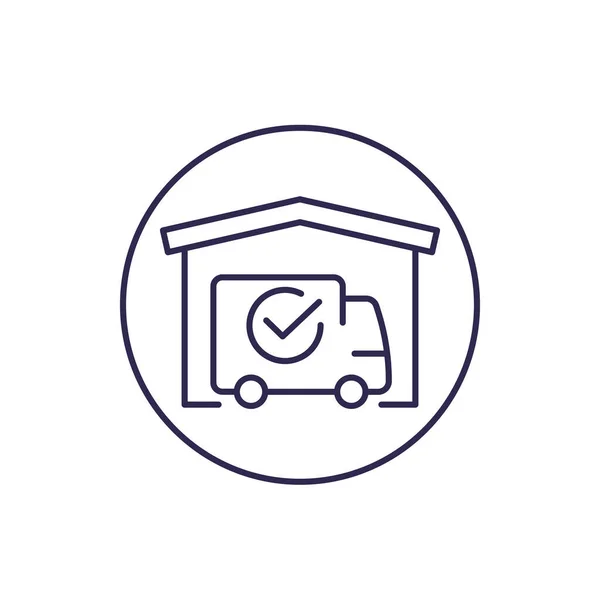 Almacén y furgoneta, entrega completada icono de línea — Vector de stock