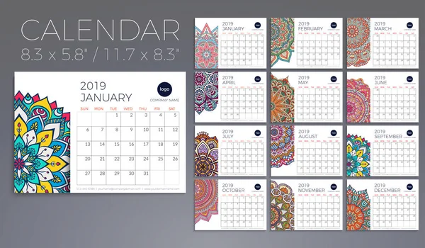 Kalender 2019 mit Mandalas — Stockvektor