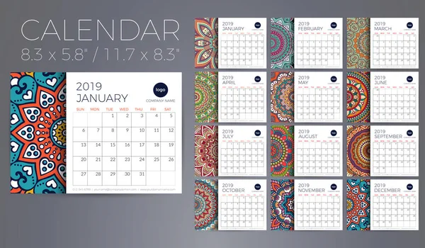 Kalender 2019 mit Mandalas — Stockvektor