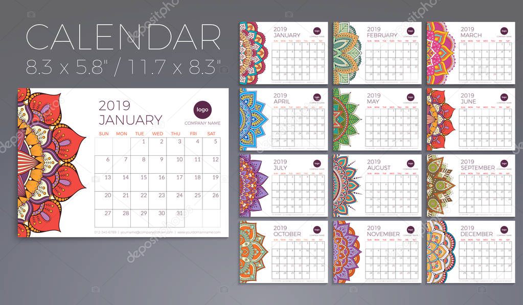 Calendar 2019 with mandalas