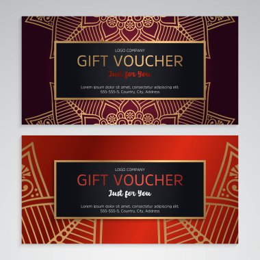 Vektör lüks kırmızı hediye kuponları ayarlayın. Festival hediye kartı için zarif şablon