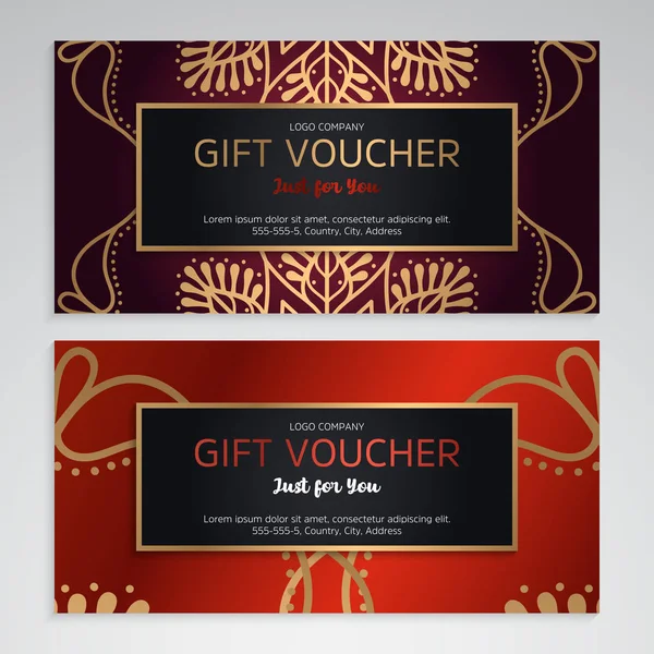 Vektör lüks kırmızı hediye kuponları ayarlayın. Festival hediye kartı için zarif şablon