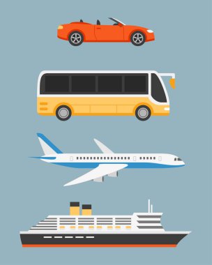Otobüs, otomobil, uçak ve yolcu gemisinden oluşan dört nakliye seti.