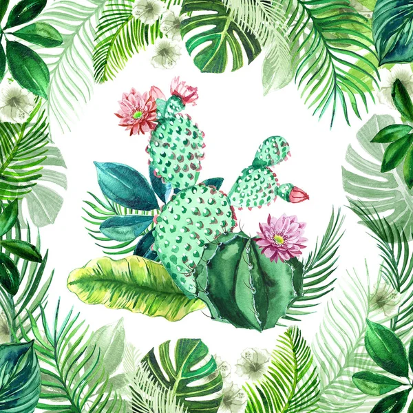 Utforma Halsduk Akvarell Tropiska Löv Och Kaktus Blommor — Stockfoto