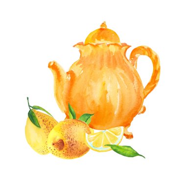 Taze meyve limon çizim ile suluboya sarı çaydanlık.