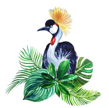 Tepeli leylek ve tropikal yaprak suluboya yazdırma.