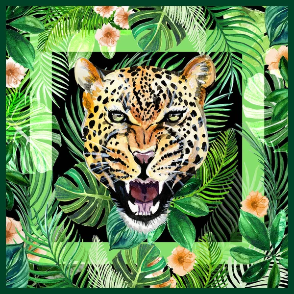 Акварель Тропических Листьев Головы Леопарда Дизайн Шарф — стоковое фото
