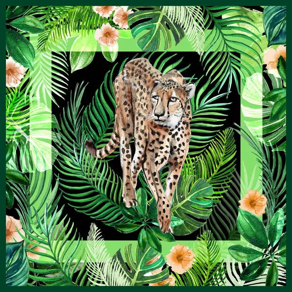 Akvarell Illustration Design Tropiska Halsduk Gröna Blad Och Leopard — Stockfoto