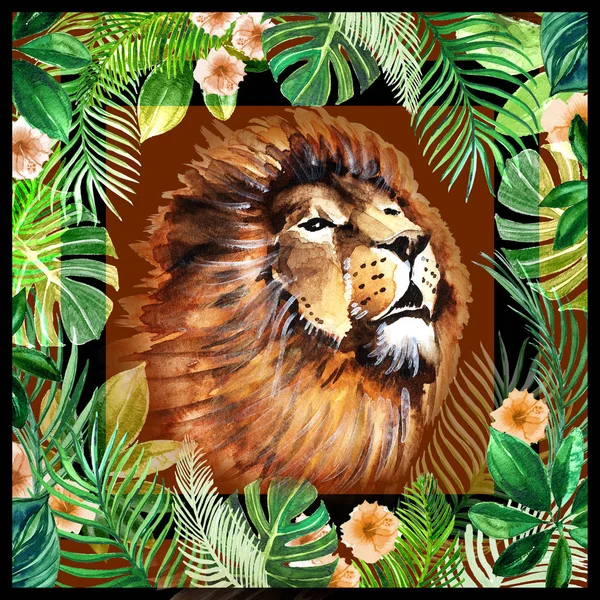 Aquarelle Illustration Conception Écharpe Feuilles Tropicales Tête Lion — Photo